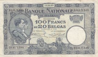 100 Francs Very Fine Banknote From Belgium 1930 Pick - 102 Rare