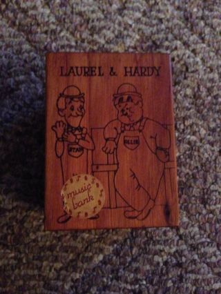 Rare Vintage Laurel & Hardy Wooden Musical Coin Bank Dollar Savings & Trust