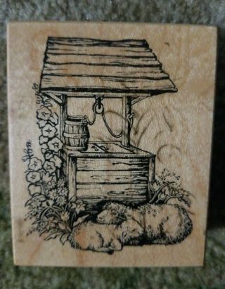 Rare Psx G - 2285 Wooden Rubber Stamp Wishing Well Sheep Flowers