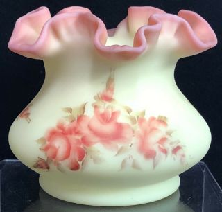 Fenton 5 " Burmese Glass Wavecrest Vase Pink Roses Artist Janet Sindledecker Rare