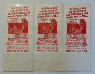3 Rare Vintage Mark Of The Devil Movie Theatre Vomit Bag 1960s Nos
