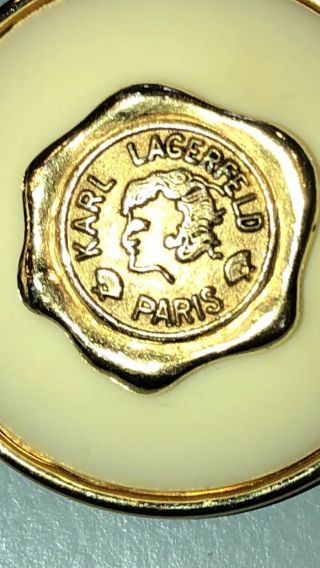 Vintage Rare KARL LAGERFELD PARIS LOGO Gold Tone Clip On Earrings 1.  5” 2