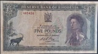 Rhodesia 5 Five Pounds 1966 P 29 Vf Rare Queen Elizabeth Qeii
