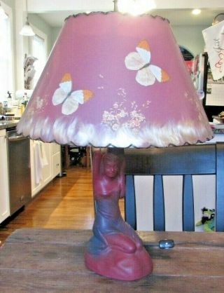 Rare Van Briggle Pottery Damsel Of Damascus Pink Lamp W/ Butterfly Shad
