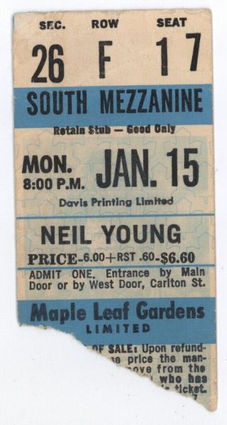 Rare Neil Young 1/15/73 Toronto Ontario Maple Leaf Gardens Concert Ticket Stub