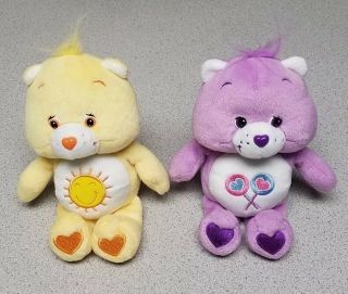 Care Bear 8 " Rare Yellow Funshine 2002 Retired & Purple Lollipop Hearts Beanies