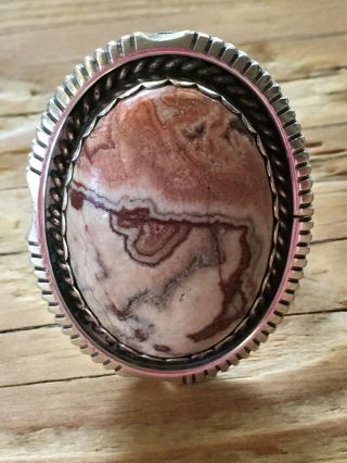 Vintage Navajo Sterling Silver Signed " Al " Rare Pink Stone Ring Size 8.  5