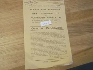 Rare 1949 West Cornwall V Plymouth Argyle Football Programme