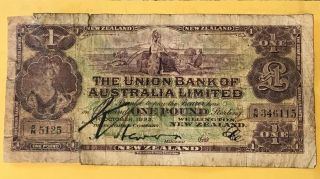 Zealand 1 Pound 1923 Banknote Union Bank Of Australia Ltd Rare