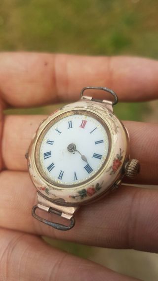 1800s 9k Solid Gold Enamelled Watch.  Rare Solid Gold Watch.  9k Gold Watch