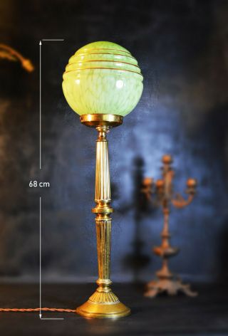 Rare Edwardian Vintage Antique Large Cast Brass Lamp Gilt Marbled Globe Shade