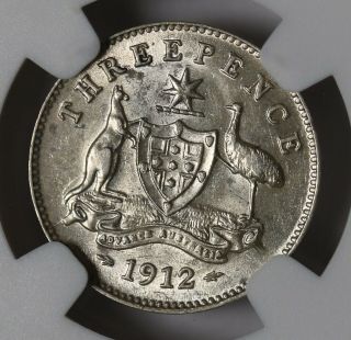 1912 Australia Silver Threepence Coin George V Km 24 Ngc Au 58 Rare Cv=$1250