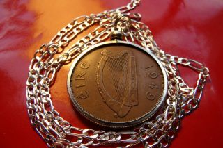 1949 Irish Rare Penny Pingin Pendant On A 28 " 925 Sterling Silver Chain