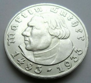 (1044) Ultra Rare German Silver Coin 5 Reichsmark 1933 A - Martin Luther
