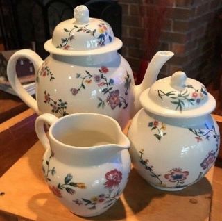 Laura Ashley Chinese Silk Tea Pot With Creamer And Sugar Euc Rare