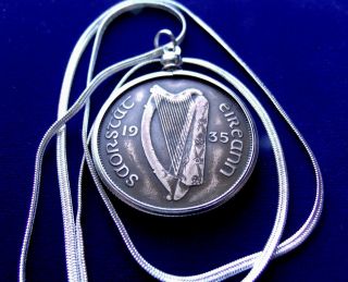 1935 Irish Harp,  Ireland Rare Coin Pendant On A 30 ".  925 Silver Snake Chain.