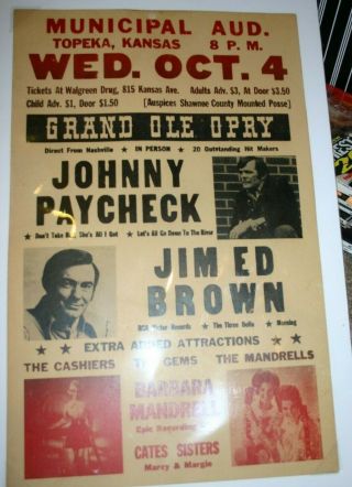 Vintage Country Music Event Poster Johhny Paycheck Jim Ed Brown Rare