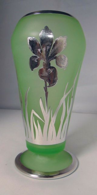 Rare Czech Bohemian Art Deco Nouveau Silver Overlay Vaseline Glass Vase