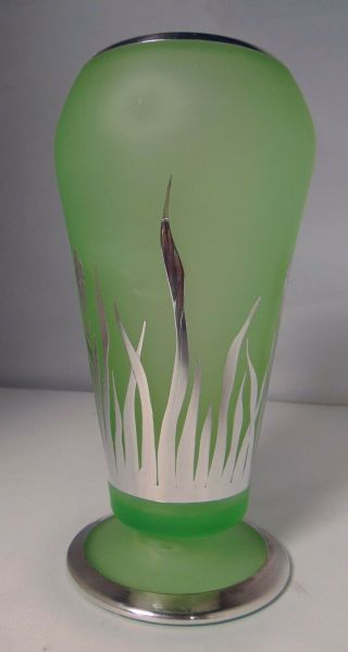 RARE Czech Bohemian Art Deco Nouveau Silver Overlay VASELINE Glass Vase 2
