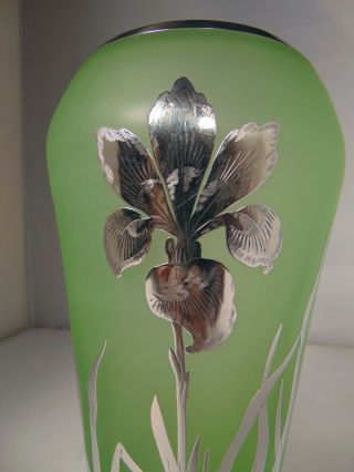 RARE Czech Bohemian Art Deco Nouveau Silver Overlay VASELINE Glass Vase 3