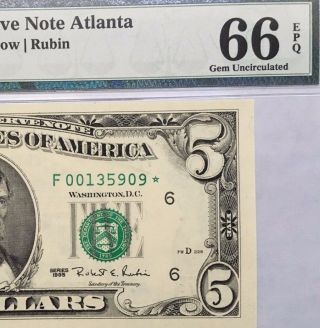 1995 $5 Atlanta Rare Star ⭐️ Frn,  Pmg Gem Uncirculated 66 Epq Banknote