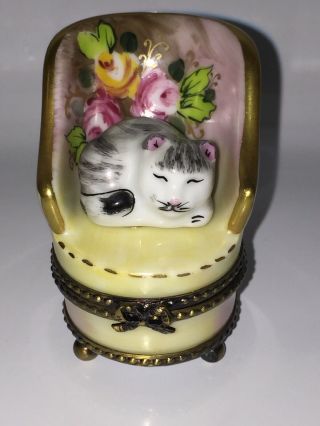 Limoges France Peint Main Cat On The Throne " Rochard Footed /rare Vintage