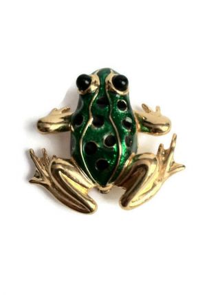 Vintage Frog Brooch Pin Gold Tone Green Black Rare Jewelry Retro Amphibian 2