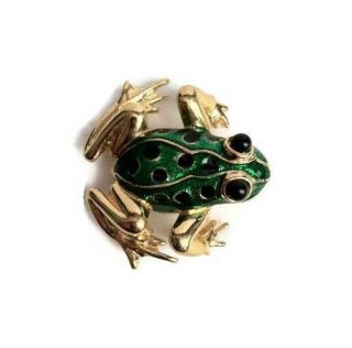 Vintage Frog Brooch Pin Gold Tone Green Black Rare Jewelry Retro Amphibian 3