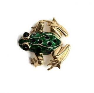 Vintage Frog Brooch Pin Gold Tone Green Black Rare Jewelry Retro Amphibian 4