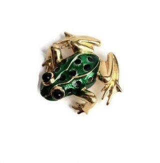 Vintage Frog Brooch Pin Gold Tone Green Black Rare Jewelry Retro Amphibian 5
