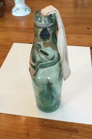 Antique,  Rare,  1890’s Green Glass,  Codd Neck Bottle,  W/blue Marble,  Embossed