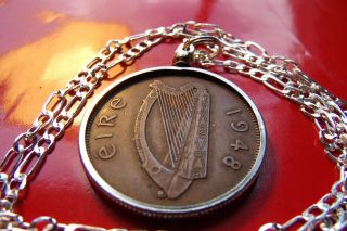 1948 Irish Rare Penny Pingin Pendant On A 28 " 925 Sterling Silver Chain