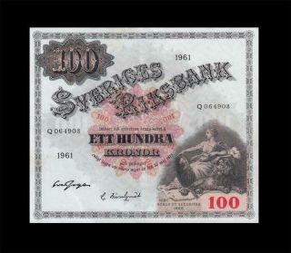 1961 Bank Of Sweden 100 Kronor " X - Rare " Consecutive 2 Of 2 ( (aunc))