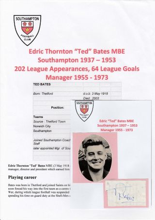 Ted Bates Southampton 1937 - 1953 Rare Hand Signed Cutting/card