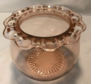 Rare Vintage Pink Depression Glass Fish Bowl Vase With Open Lace Edge