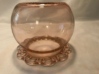 RARE VINTAGE PINK DEPRESSION GLASS FISH BOWL VASE WITH OPEN LACE EDGE 5
