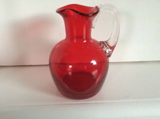 Vintage Whitefriars Ruby Red Glass Jug With Clear Handle,  Rare.  Pat 9860.