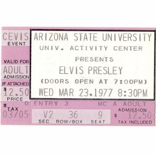 Elvis Presley Concert Ticket Stub Tempe Arizona 3/23/77 Activity Center Rare