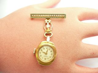 Rare Ladies Solid 14ct Gold Nurses Wind Up Rotary Fob Watch Brooch In Fwo