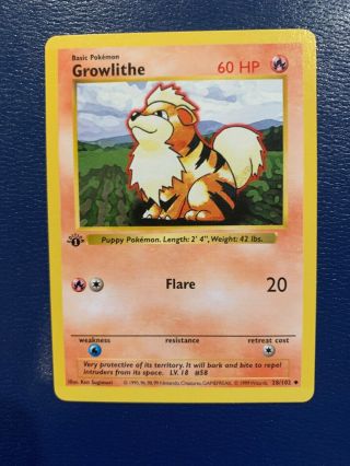 Rare Mint/nm Pokemon Growlithe 28/102 First Edition Base Set Card - Unplayed