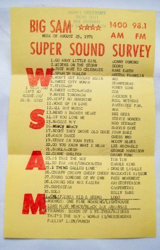 Wsam Saginaw Michigan Radio Music Chart August 25 1971 Doors Rare Earth Aretha
