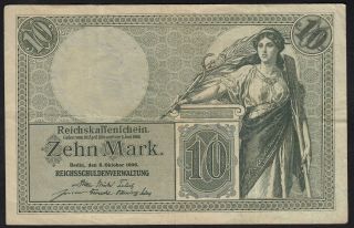 1906 10 Mark Germany Rare Old Vintage Paper Money Banknote Currency P 9b Vf