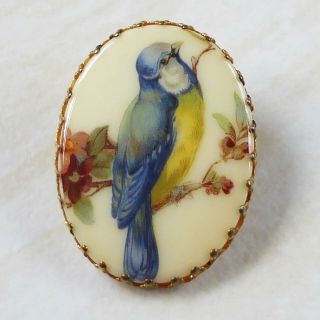 Gorgeous Rare Vintage Scarf Clip Ring Blue Tit Bird On Branch Blossom Flowers