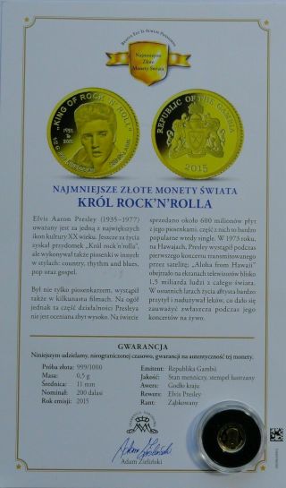 2015 Gambia 200 Dalasis Elvis Presley 1/2 0.  5 G 999/1000 Gold,  Rare