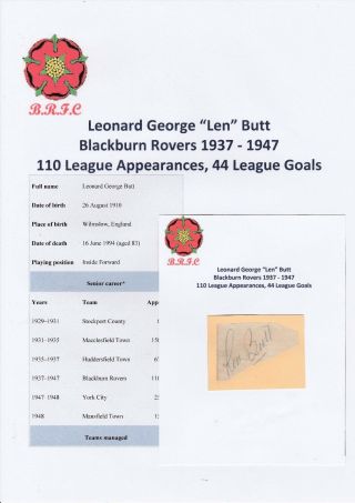 Len Butt Blackburn Rovers 1937 - 1947 Rare Hand Signed Cutting/card
