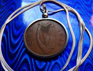 1946 Irish Harp,  Ireland Rare Coin Pendant On A 30 ".  925 Silver Snake Chain.