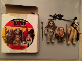 Star Wars Kenner 1983 Rotj Set Of 3 Ewoks Wicket Logray Chirpa W/ Box Rare