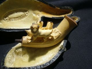 Rare 1800 ' s Meerschaum Pipe Bowl With Three Bulldogs & Case 2