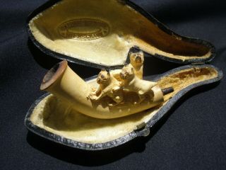 Rare 1800 ' s Meerschaum Pipe Bowl With Three Bulldogs & Case 3