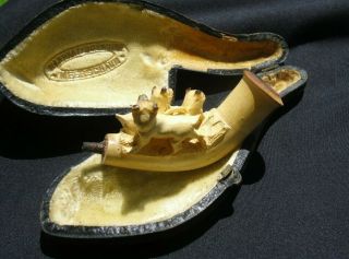 Rare 1800 ' s Meerschaum Pipe Bowl With Three Bulldogs & Case 4